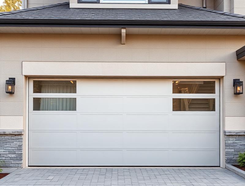 Modern steel garage door with windows installed by Walpole Garage Doors