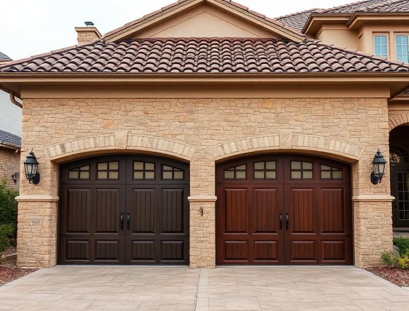 Tuscan inspired garage doors with stone surround installation in Walpole NH