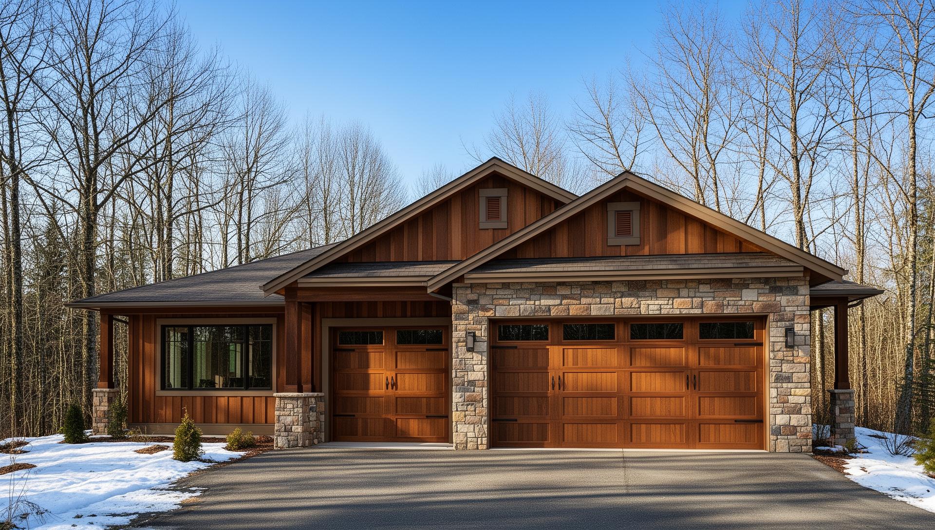 Professional Tuscan inspired garage doors with stone surround on modern home in Walpole NH